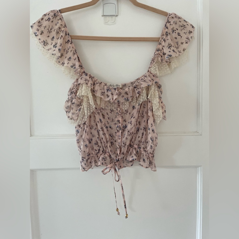 Love Shack Fancy floral blouse w ruffles & lace. matching skirt listed. size xs